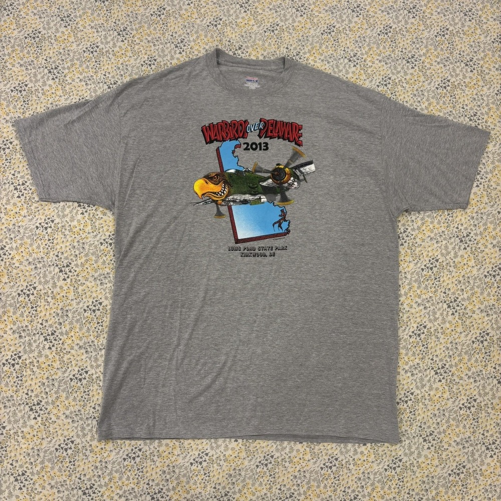 Hanes Beefy-T Warbirds Over Delaware 2013 Shirt Men's 3XLT Light Gray Boxy Fit